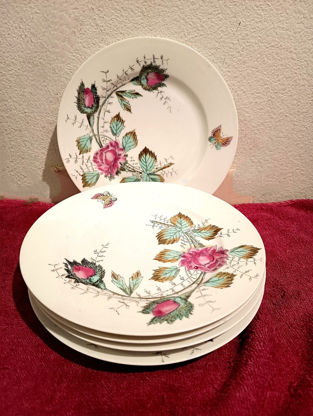 Vintage 1950's Japanese Floral Butterfly Plates 8.5” Set 5 + Bowl MCM Porcelain